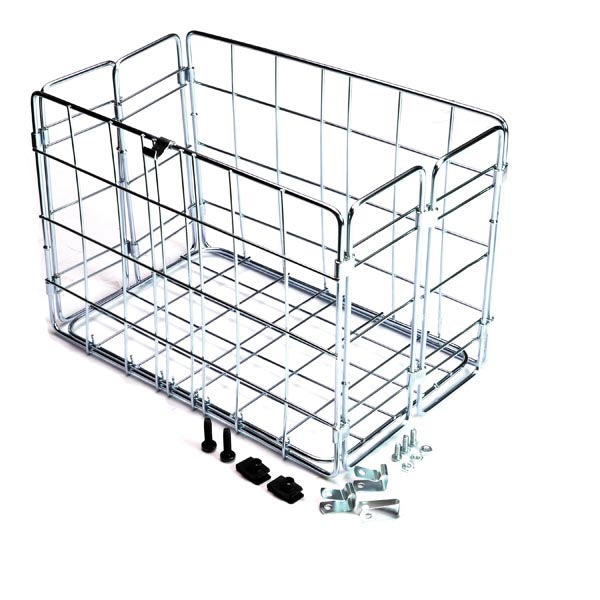 Folding Wire Basket for PaceSaver Power Chairs: A metallic wire basket filled with screws and bolts, designed to fit on PaceSaver power chairs with Comfort Back seats. Mounting hardware is included.