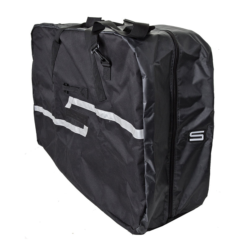 Travel Case for Folding Bicycles: A black bag with a white stripe, constructed from water-resistant 600D polyester, featuring reflective side trim, handle, and shoulder strap, designed to fit most 20 wheel folding bikes.