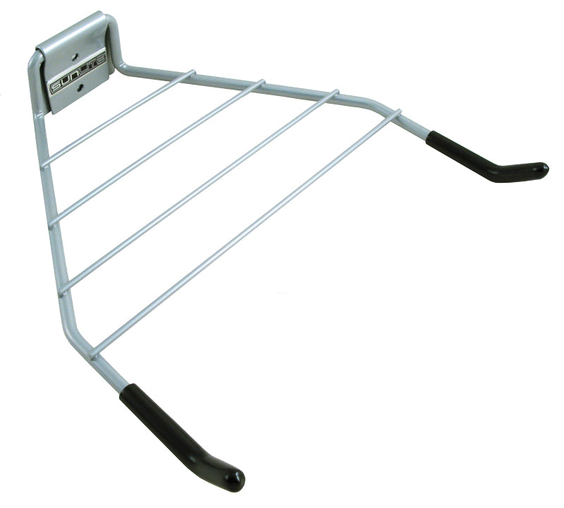 Folding Single Unit Horizontal Bike Rack with a sleek metal frame and black handles, designed for versatile use with bikes and scooters.