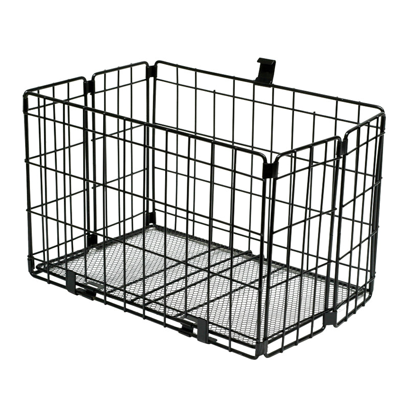 Folding Wire Basket for bikes and scooters, featuring a sturdy wire cage design with a clip for secure attachment. Ideal for carrying items on various types of scooters and bicycles.