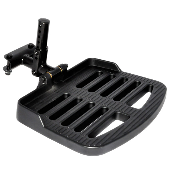 Foot Platform Assembly for the Jet 1/Jet 1 HD & the Jet 2 HD Power Chairs showing a black plastic tray with handle and a black plastic pedal with holes, including aluminum footplate and mounting bracket.