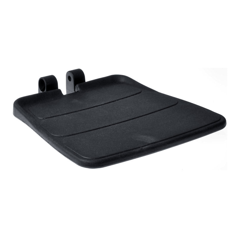 Foot Platform for Invacare Pronto M50, M51, M61, M71, & M71 Jr., showing a black plastic tray with two hooks, designed as an OEM replacement footboard assembly for specific power chairs.