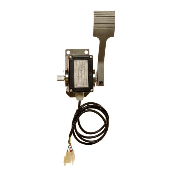 Hall Effect Foot Throttle with a metal pedal, cable, and water-resistant cast aluminum housing, ideal for precise motor control in electric vehicles like go-karts, golf carts, boats, or cars.