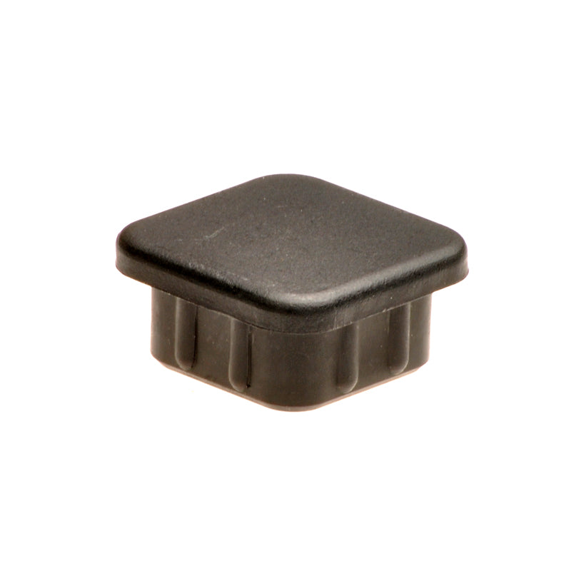 Footboard Bracket End Cap for the Invacare Pronto M41 and M91, a black plastic square piece designed to fit atop the long end of the L piece, shown in close-up.