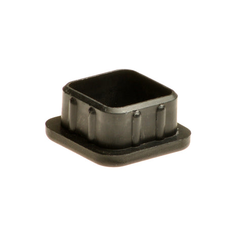 Footboard Bracket End Cap for the Invacare Pronto M41 and M91 power chairs, shown as a close-up of its black square shape with a square base.