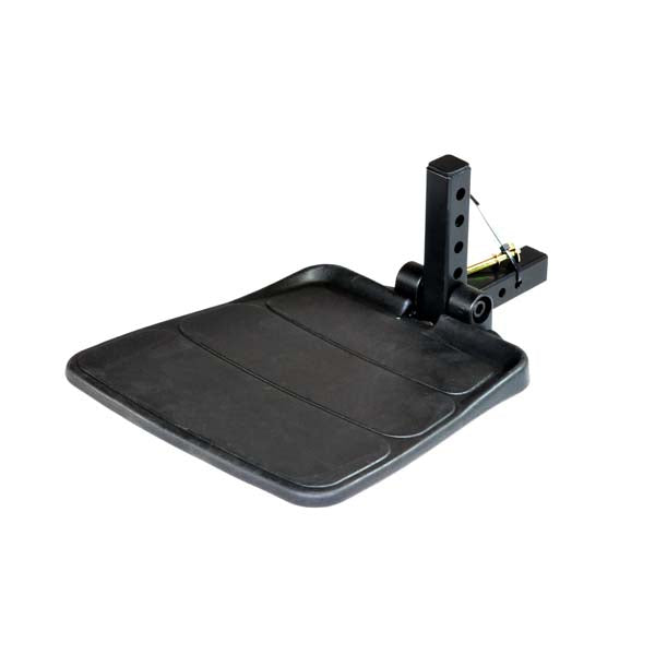 Footboard Assembly for Invacare Pronto Series Power Chairs featuring a black plastic seat and tray with a metal pole, designed as a complete replacement for various models in the series.