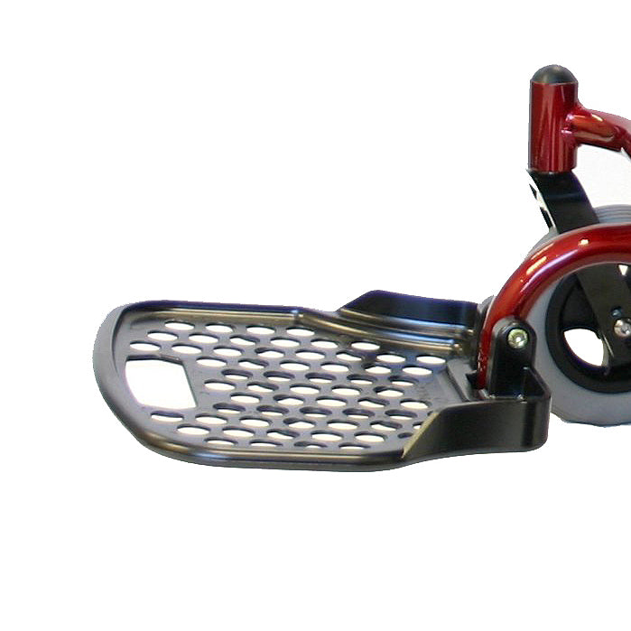 Footrest Plate for Shoprider Power Chairs, compatible with models like 6Runner 10 Deluxe and Smartie. The image shows a sturdy, lightweight footrest designed to replace damaged plates on Shoprider power chairs.