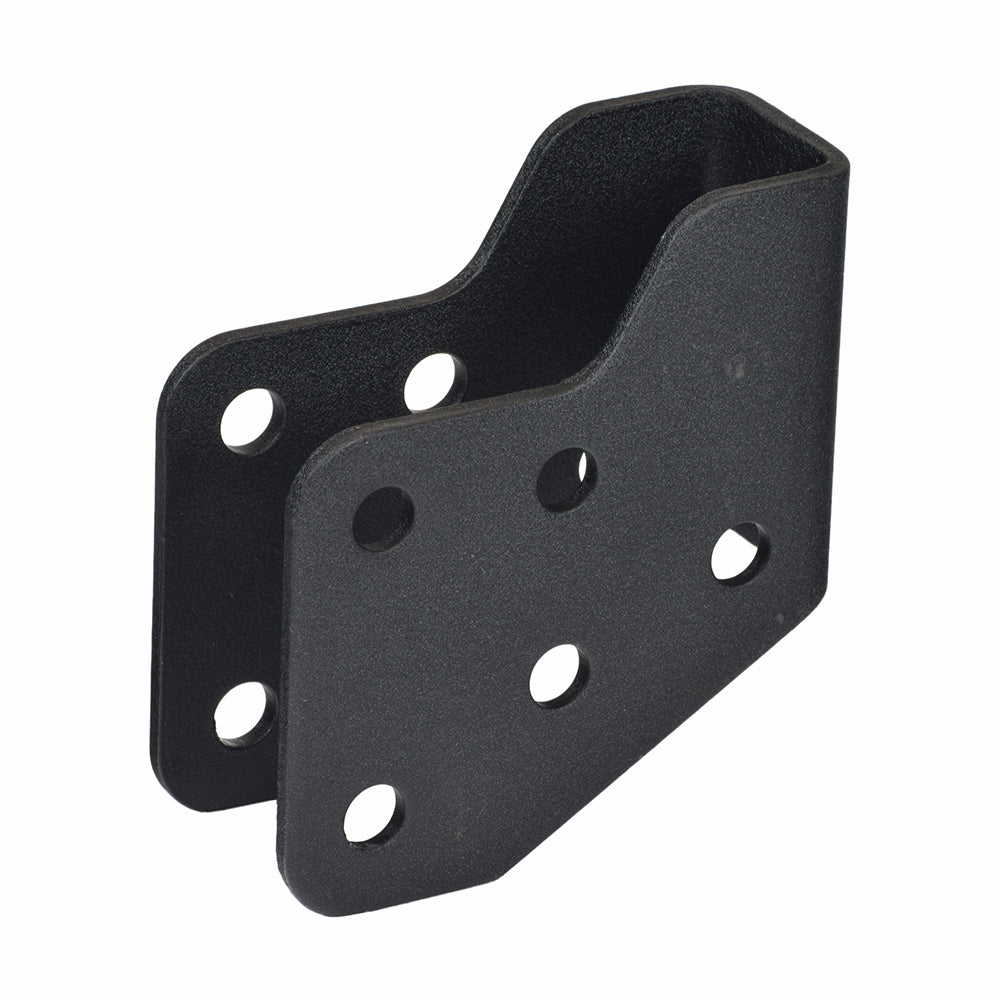 Footrest Platform Mounting Bracket Assembly for Jazzy 600 & Quantum Q600 Series Power Chairs, showing a black metal object with multiple holes, used to attach the foot platform to the tube weldment.