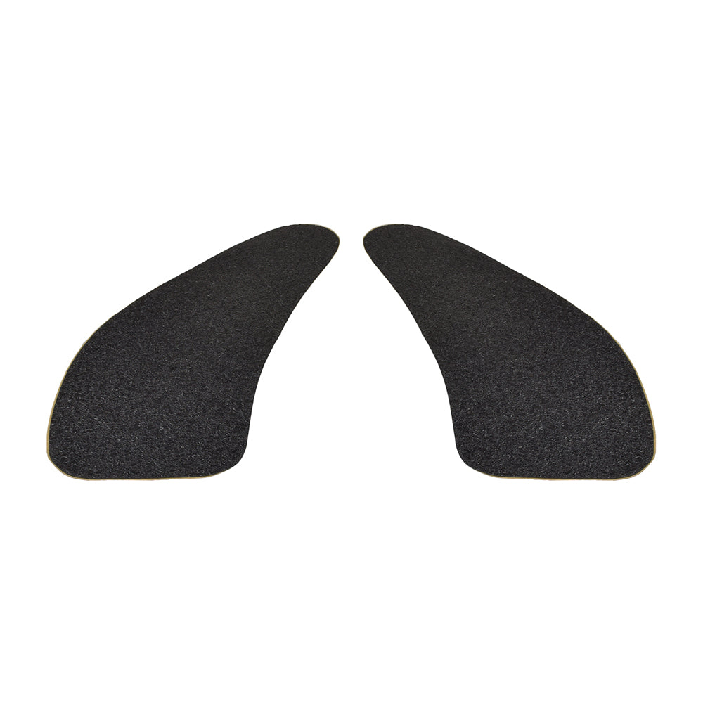 Scuff Guard Footrest Mat for the Pride Victory 3 (SC160/SC1600), a pair of black, teardrop-shaped, textured adhesive stickers designed to prevent shroud scuffing, displayed against a plain background.