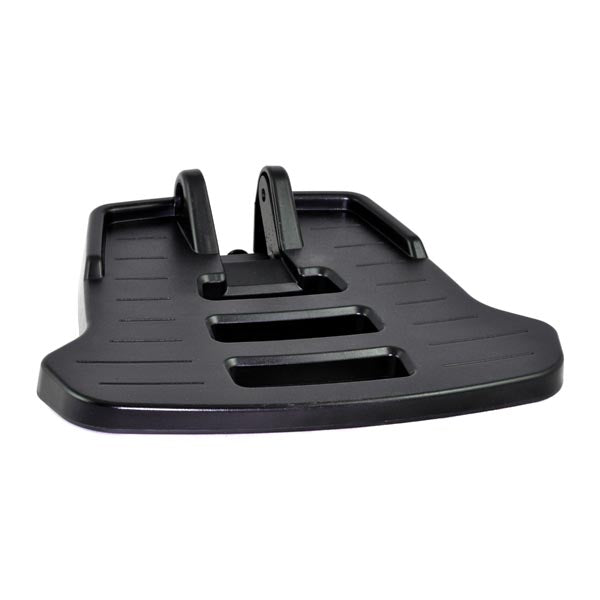 Footrest Platform Assembly for Jazzy Select 6, featuring a black plastic stand with a clip, designed for mounting on the Jazzy Select 6 mobility chair by Pride Mobility.