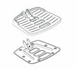 Drawing of a Footrest Platform Assembly for Jazzy Select Elite & Pride TSS 300, showing detailed sketches of the metal stand, plastic lid, and assembly hardware.