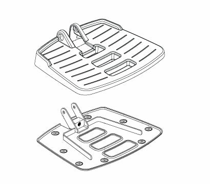 Drawing of a Footrest Platform Assembly for Jazzy Select Elite & Pride TSS 300, showing detailed sketches of the metal stand, plastic lid, and assembly hardware.