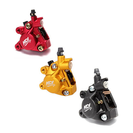 Forged Brake Caliper for 50cc 1PE40QMB Minarelli Yamaha Jog Style Scooters, featuring a two-piston design. The image shows detailed metal parts of the brake caliper, highlighting its robust construction.