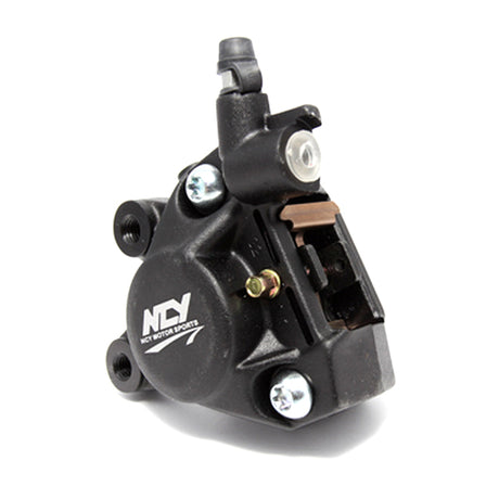 Forged Brake Caliper for 50cc 1PE40QMB Minarelli Yamaha Jog Style Scooters, featuring a black metal design with screws and a close-up logo, offering enhanced stopping power for various scooter models.