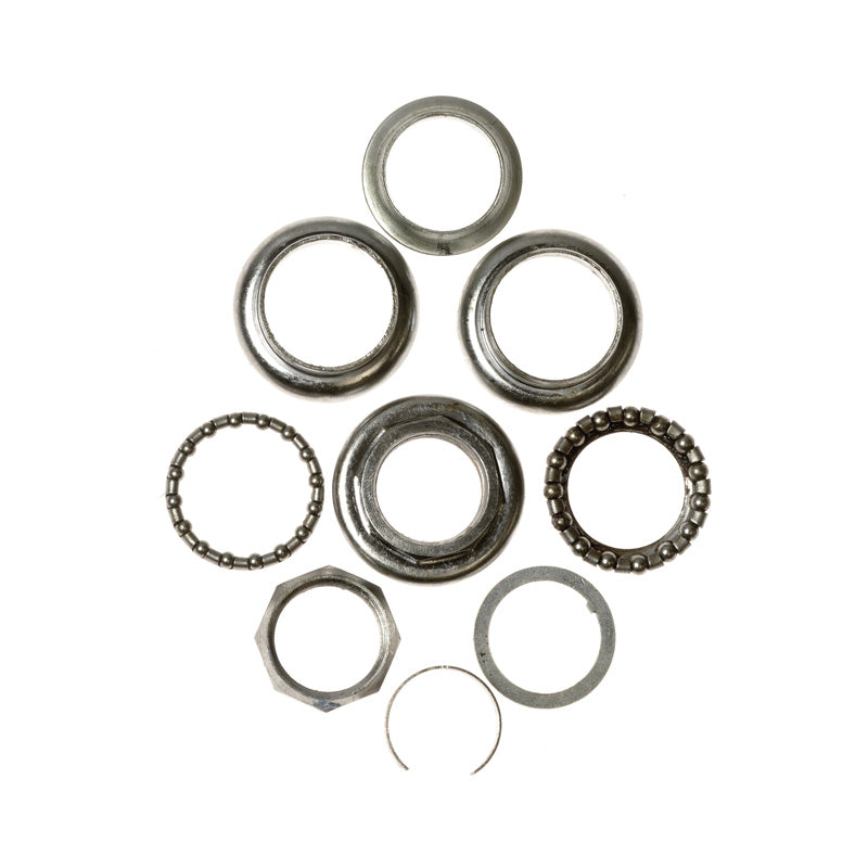 Headset Fork Bearing Kit for the Rascal 200T, Rascal 305, and Rascal 600 Series, featuring close-up views of metal nuts, rings, and ball bearings essential for smooth scooter steering.