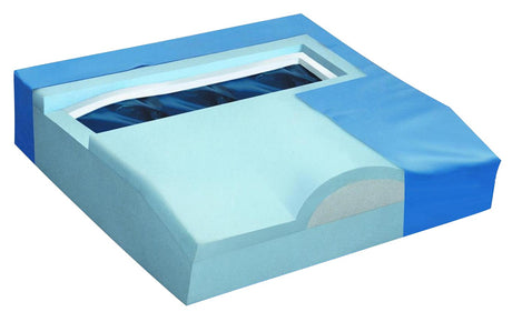 Drive Medical Titanium Gel/Foam Cushion for Wheelchairs and Power Chairs featuring a blue square design with a visible window, providing high-density foam comfort, fluid-resistant top, and non-skid bottom surface.