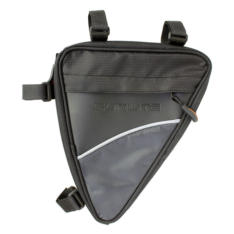 Frame Mount Shoulder Bag from Sunlite, designed with a triangular shape, featuring heavy-duty zippers and four velcro straps for mounting, ideal for bicycles.