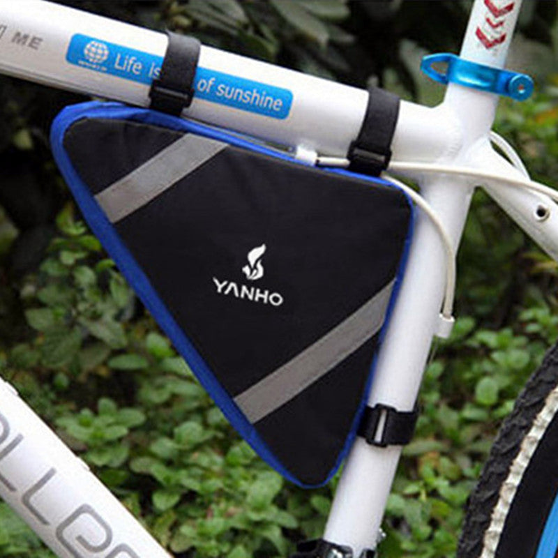 Frame Mount Triangular Bicycle Storage Bag attached to a white bicycle, showcasing its secure fit on the top tube and seat tube with hook and loop straps.