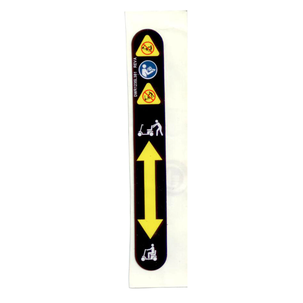 Freewheel Up & Down Position Sticker for the Pride Pursuit (SC713), featuring clear directional symbols for scooter lever positioning, including a person walking a scooter and an upward-pointing yellow arrow.