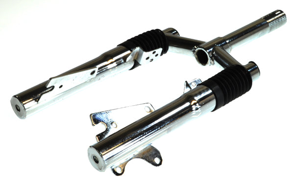 Close-up of a metal frame fork with suspension, compatible with 12-1/2 wheels for electric scooters like the X-Treme X-360. The image highlights the sturdy construction essential for scooter stability.