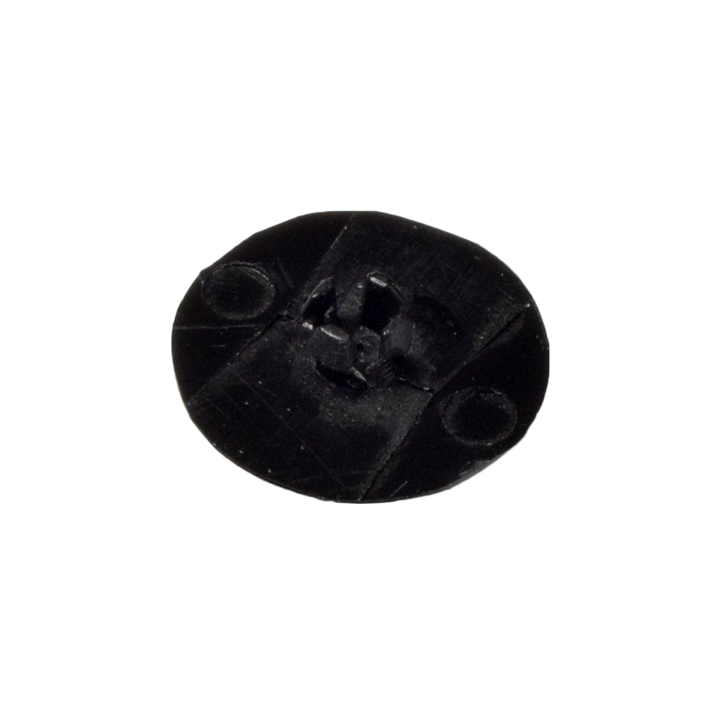 Front Axle Bearing Cap for Go-Go & Pride Scooters: a black round object with holes, featuring a face-like carving, designed to protect scooter bearings and bushings from moisture and grime.