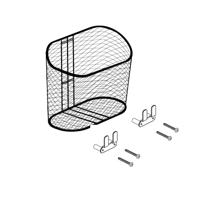 Wire mesh basket with brackets and screws, designed for the Pride Celebrity 2000 and Cyclone scooters.