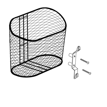 Front Basket Assembly with 2 Offset for the Pride Celebrity X, Celebrity XL, Hurricane, and Wrangler, featuring an angled oval wire mesh basket, complete bracket, and screws.