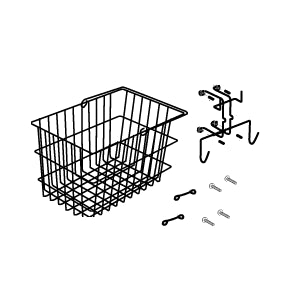 Front Basket Assembly for the Pride Dynamo and Sidekick, featuring a wire basket with screws and eye loop brackets, shown with a handle and assembly components on a white background.