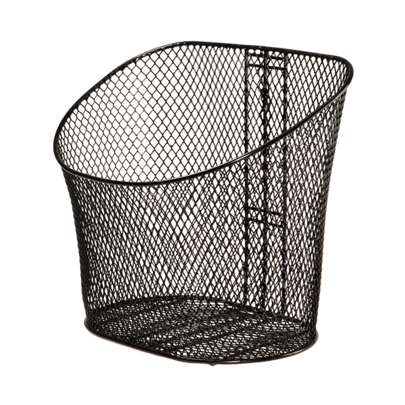 Front Basket Assembly for Pride Laser, Legend, and Maxima: Black wire basket with a curved edge, oval shape, and angled design. Includes brackets and screws for attachment.