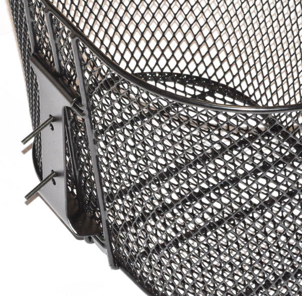 Front Basket Assembly for Pride Legend (SC3000/SC3400), showcasing a close-up of a round mesh basket, highlighting its detailed weave pattern and sturdy construction, with visible front bracket and screws for assembly.