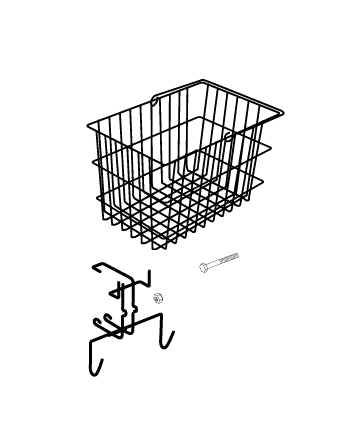 Front Basket Assembly for Pride Shuttle, featuring a wire basket with a handle, complete front bracket, nut, and screw.