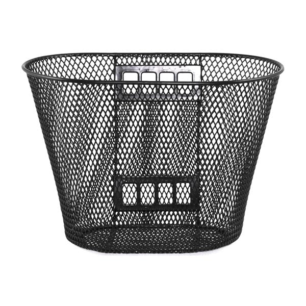 Front Basket Assembly for Pride Mobility Scooters, featuring a black mesh design with a sturdy build, ideal for carrying daily essentials. Includes mounting brackets and hardware. Measures 12 x 8.5.