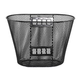 Front Basket Assembly for Pride Mobility Scooters, featuring a black mesh design with a sturdy build, ideal for carrying daily essentials. Includes mounting brackets and hardware. Measures 12 x 8.5.