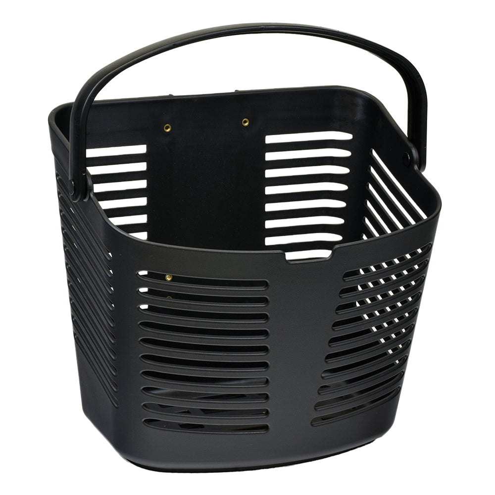 Front Basket Assembly for Pride Victory 9, Victory 10, Victory Sport, Maxima, Pursuit 2, & Zero Turn 10 Mobility Scooters; black basket with handle, vented design, suitable for scooter attachment.