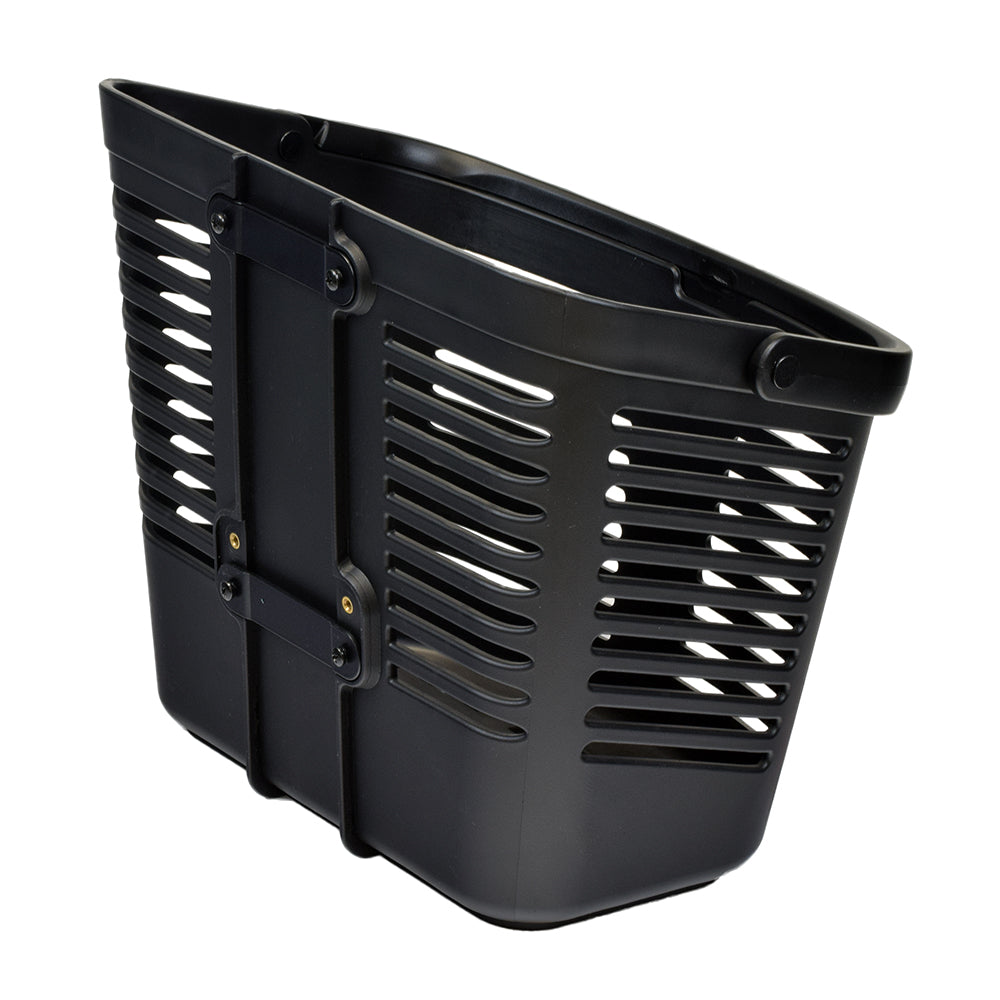 Front Basket Assembly for Pride Victory 9, Victory 10, Victory Sport, and Zero Turn 10 Mobility Scooters (Blemished) – a black plastic basket with holes, ideal for additional storage on mobility scooters.