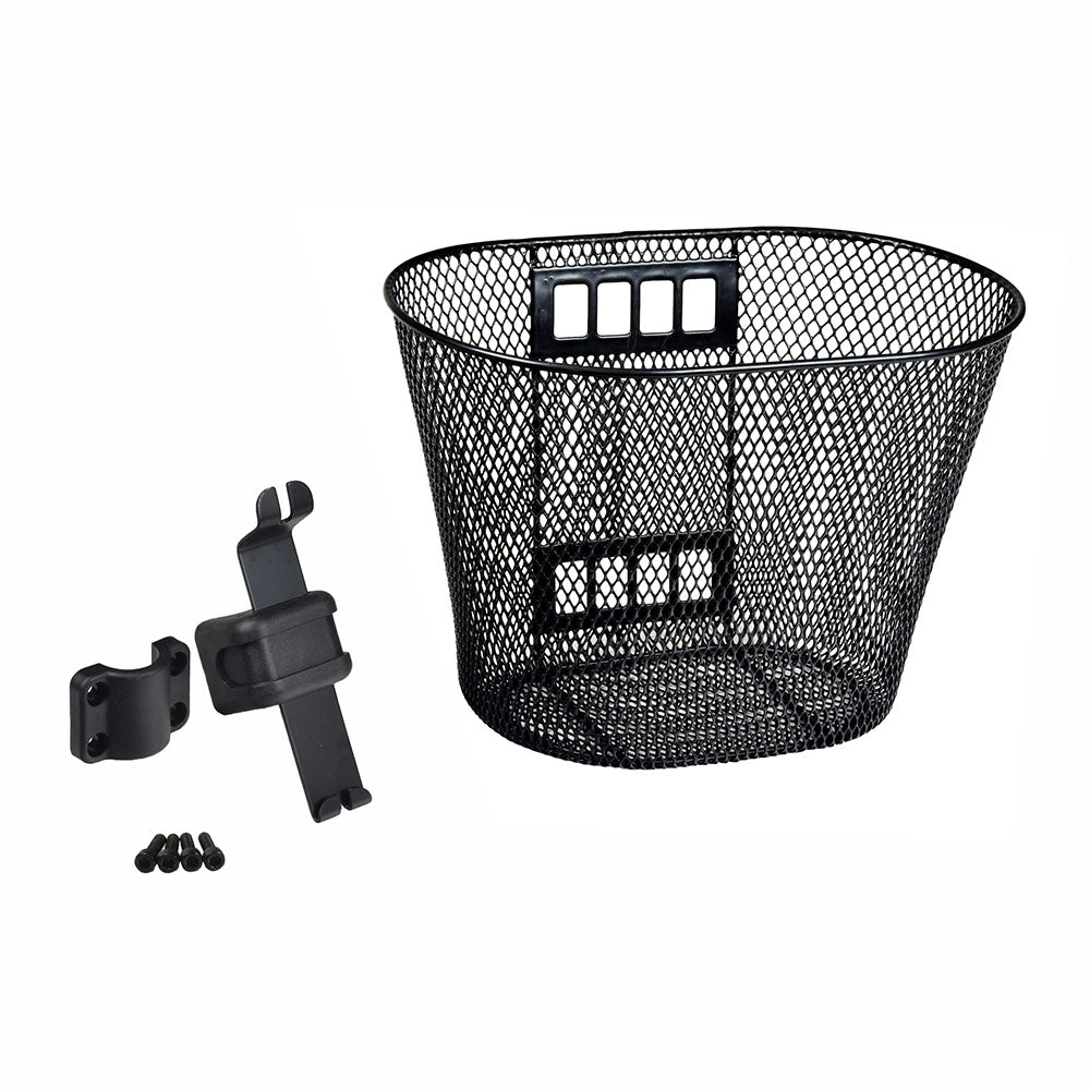 Front Basket Assembly for the Pride Dart, Go-Go Travel Vehicle and Sonic, featuring a black mesh oval basket with mounting bracket and included screws.