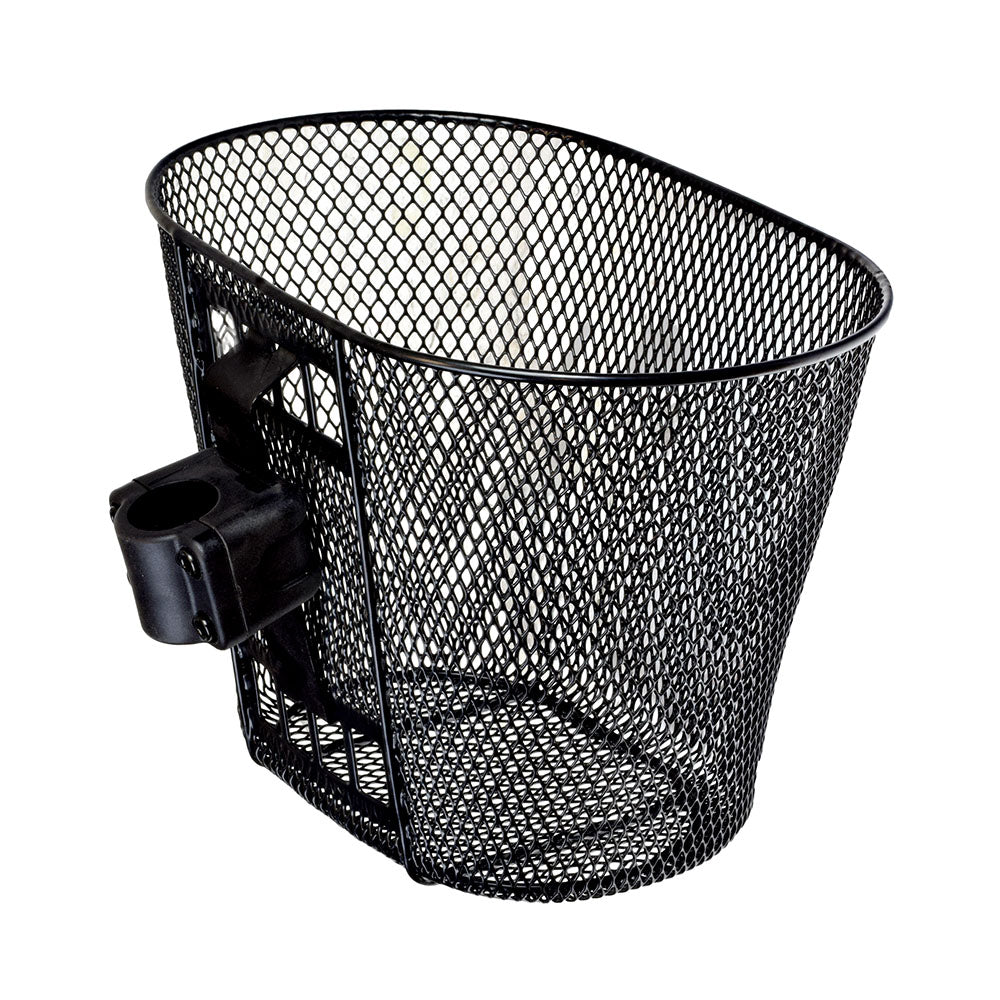 Front Basket Assembly for the Pride Dart, Go-Go Travel Vehicle, and Sonic, featuring a black mesh basket with a black handle, front bracket, and included screws for easy attachment.