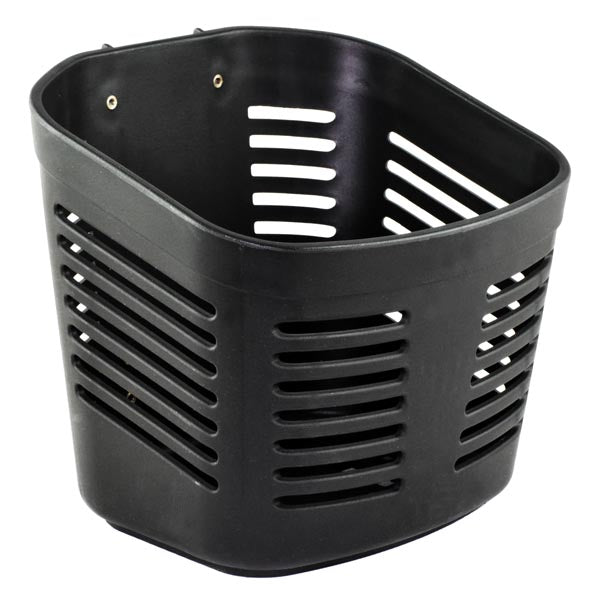 Front Basket Assembly for the Go-Go ES and Pride Travel Pro, showing a black plastic basket with holes, designed to mount on the front tiller of mobility scooters.