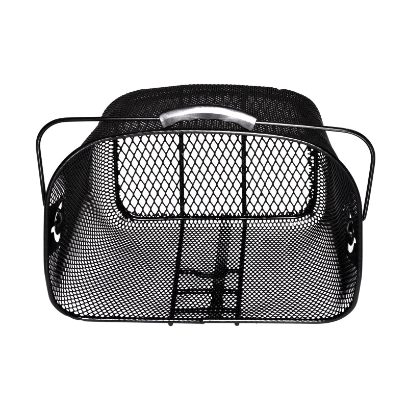 Lift-Off Front Basket for the Golden Technologies Companion I (GC240) and II (GC340, GC440) Scooters - a durable, black mesh basket designed for mobility scooters, shown close-up with a focus on its structure.