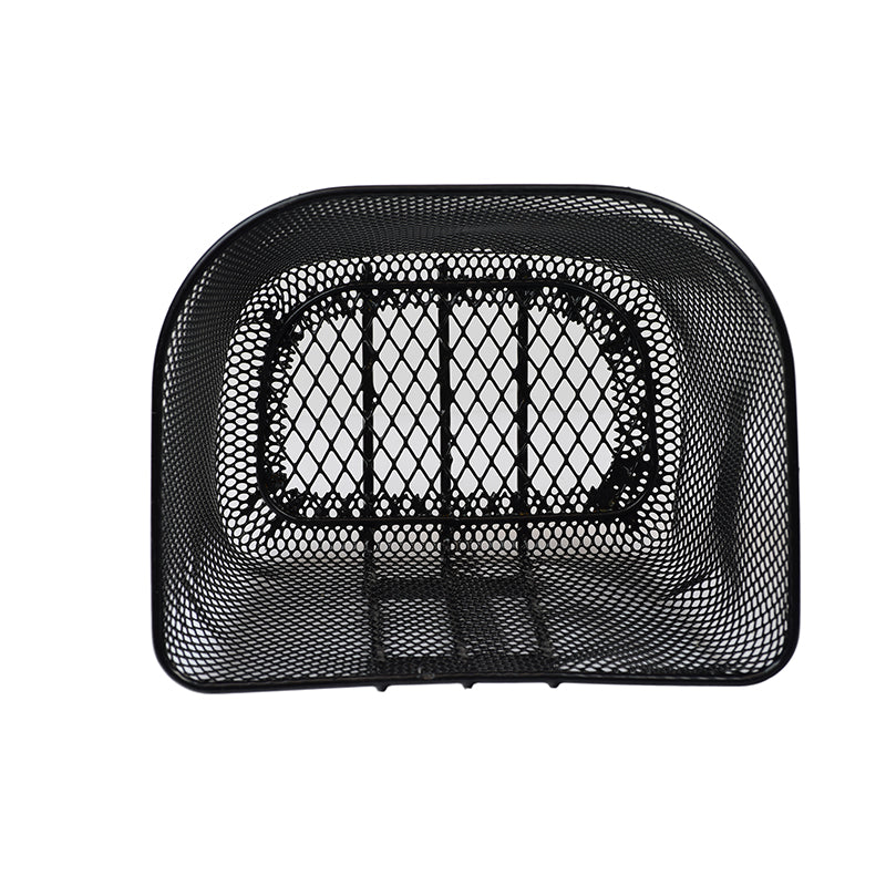 Front Basket for the Merits Mini Coupe (S539/S549), Pioneer 2 Twin (S246), and Pioneer 5 DLX (S541) Mobility Scooters, featuring a sleek black mesh design for convenient storage while on the move.