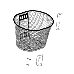 Front Basket Assembly for Pride Sundancer featuring a wire mesh basket with screws, a black handle, and an oval shape, including a black plastic mounting bracket.