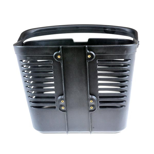 Basket without Hardware for Pride Mobility Scooters (Blemished): A black plastic basket with metal handles, designed for various Pride Mobility scooters. Minor scratches on the back, not visible once mounted.