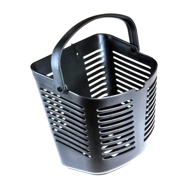 Basket without Hardware for Pride Mobility Scooters (Blemished) - Black plastic basket with handle, designed for various Pride scooters, featuring minor scratches on the back that are not visible when mounted.