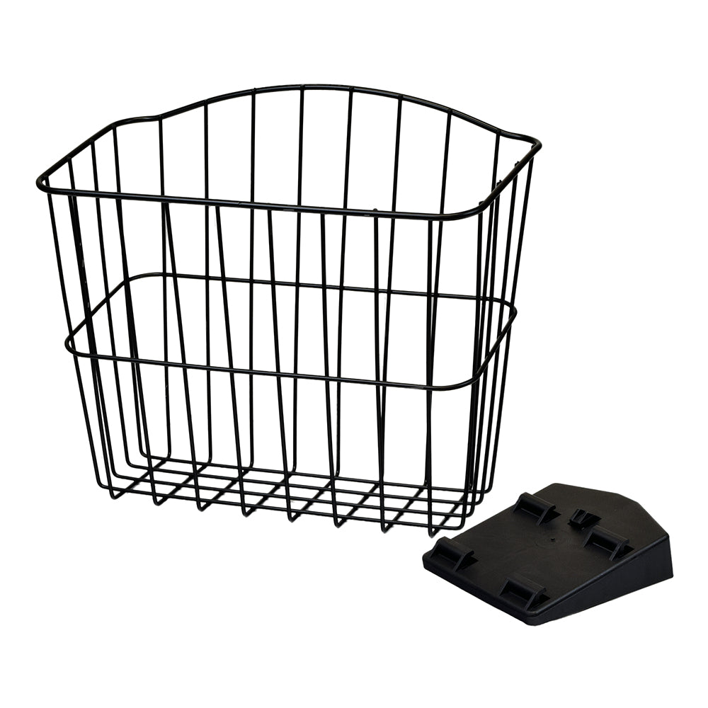 Front Basket Assembly for the Rascal 240 and 600 Series Mobility Scooters, featuring a black wire basket and a black plastic bracket, designed for fender-mounting.