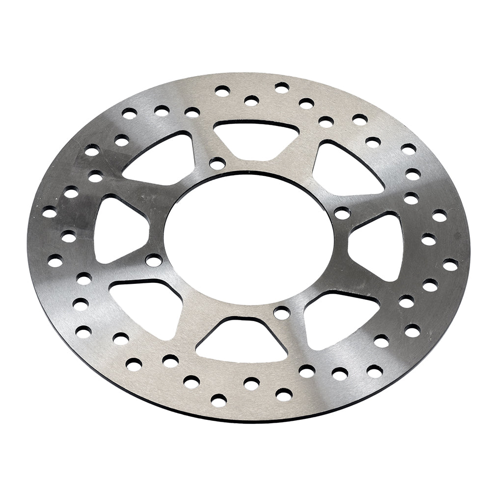 Front Brake Disc Rotor for 125cc & 150cc Dirt Bikes, featuring a circular metal design with multiple holes for enhanced performance, suitable for models like the Baja Motorsports Dirt Runner DR125 & DR150.