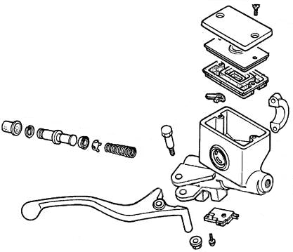 Front Brake Master Cylinder Assembly for Honda Helix CN250 (1986-1987 Models) (OEM); detailed line drawing showcasing the mechanical part's components and structure.