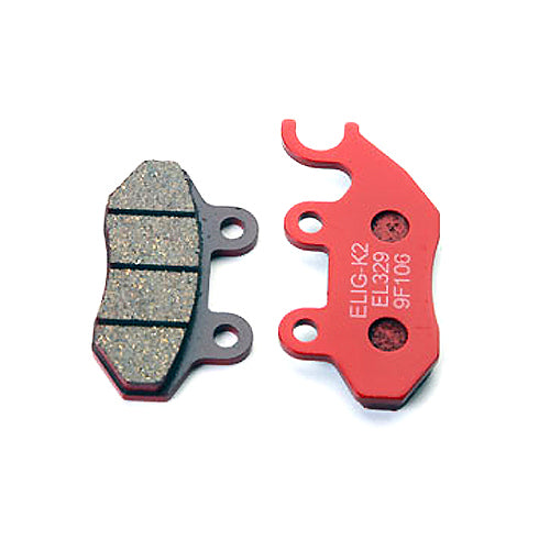 Front Brake Pads for the Genuine Buddy 125, 150, and Rattler 110 Scooters shown in a close-up view, highlighting the pad's texture and detailing for Prima-quality scooter maintenance.