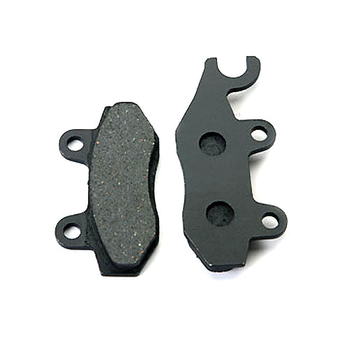 Close-up of Front Brake Pads for KYMCO Scooters, showcasing the detailed texture and perforations of the black metal component, designed for compatibility with various scooter models, including OEM stainless steel rotor discs.