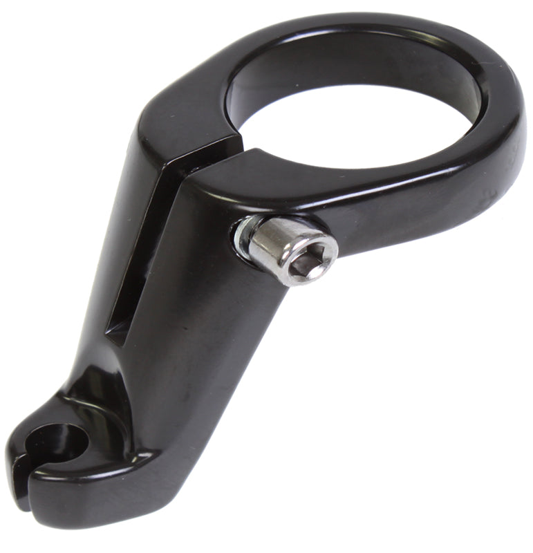 Front Cable Hanger: A black metal tool with a hole, designed as an accessory for bikes or scooters, enhancing cable management and overall functionality.