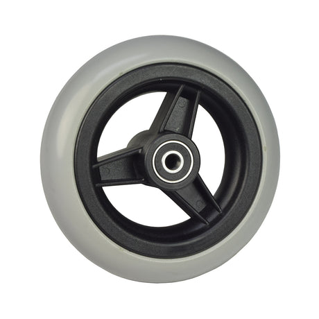 5 Front Anti-Tip Wheel Assembly for the C.T.M. HS-2800 Power Chair, featuring a close-up of a sturdy black rim and hubcap designed for stability and safety.